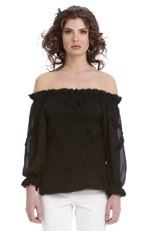 Black Slashed Frayed Peasant Top