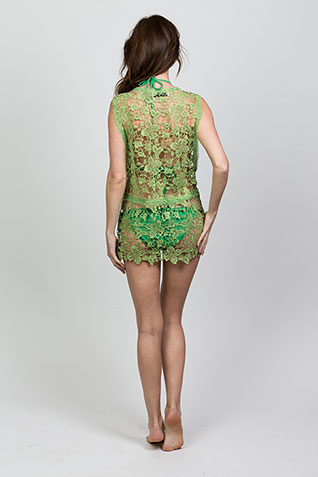 Green Lace Blouson Back Mini Dress